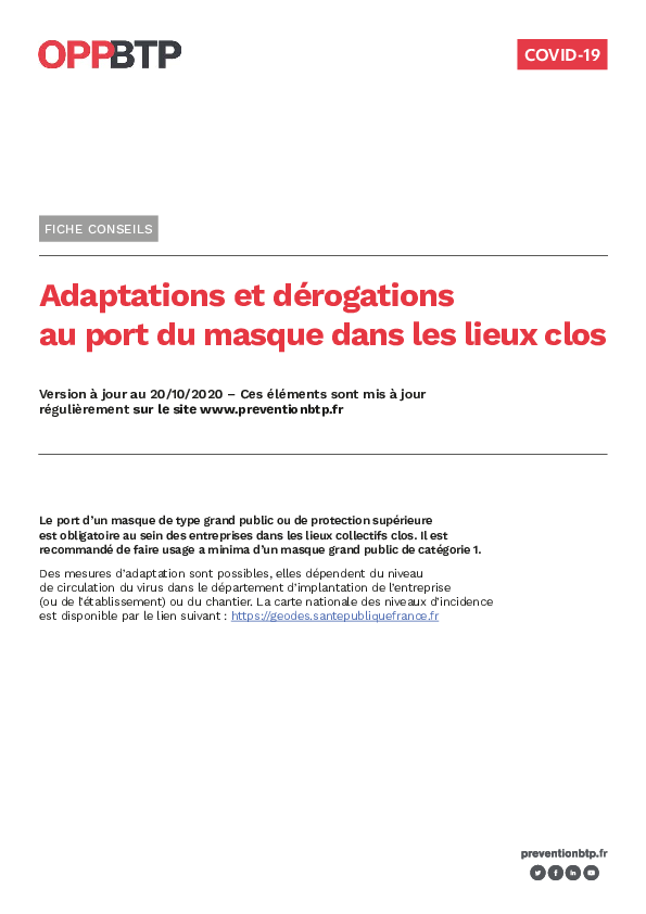 Covid-19 - Adaptations et dérogations au port du masque dans les lieux clos